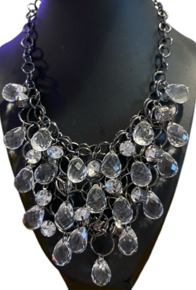 Vintage Silver Layered Clear Frosted Teardrop Statement Necklace Bib Style