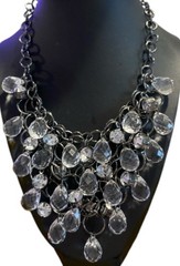 Vintage Silver Layered Clear Frosted Teardrop Statement Necklace Bib Style
