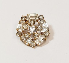 Vintage Schreiner Clear Rhinestone Layered Button Bar Shank Gold Tone