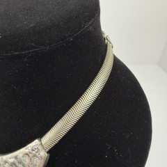 Vintage Silver Tone Brutalist Bib Statement Necklace Hammered Herringbone