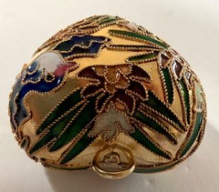 Gold Tone Metal Cloisonne Enamel Puffy Heart Shaped Pendant or Ornament With Box