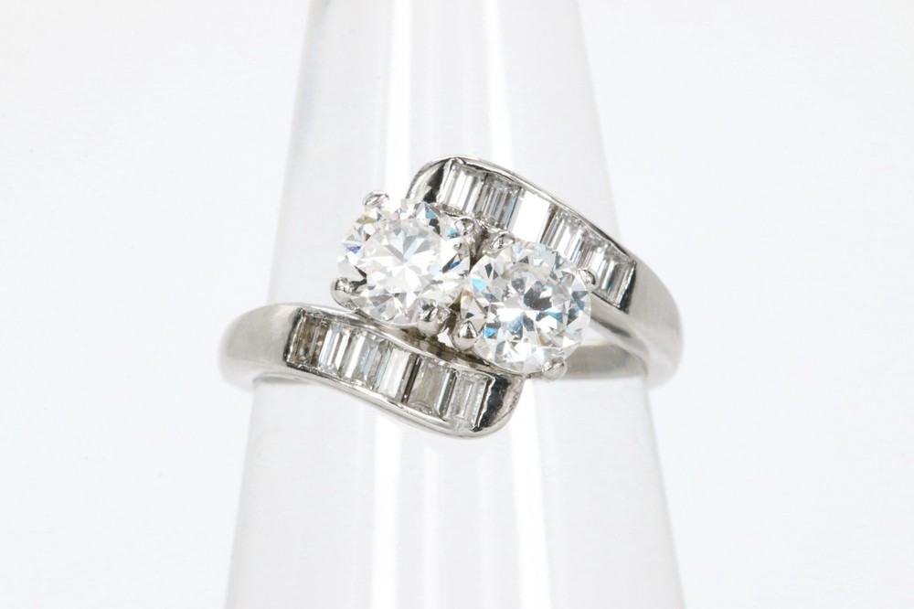 Vintage European Cut & Baguette Cut Natural Diamond Ring in Platinum