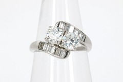Vintage European Cut & Baguette Cut Natural Diamond Ring in Platinum