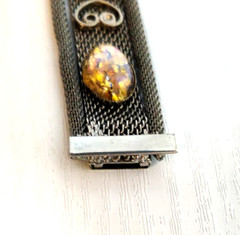 Metal Mesh Bracelet Lucite Foil Faux-Opal Cabochons Silvertone Vintage 60s