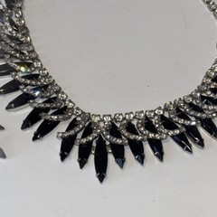 Black Navette Rhinestone Necklace Clip Earrings Set Unmarked “Juliana Style”