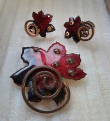 Matisse Vintage Signed Red Enamel Leaf Brooch & Clip-On Earrings Set