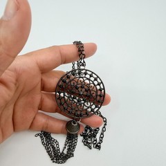 Vintage Gunmetal Gray Filigree Medallion Tassel Pendant Necklace