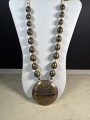Vintage Bold Brass Silver Boho Modernist Mixed Metal Wood Beads Necklace Sunset
