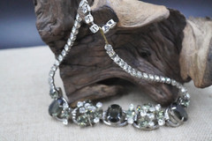 Juliana D&E 5 Link Cabochons Smokey Green & Clear Rhinestone Necklace 15” Long