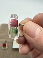 Vintage Lucite Encased Red Rose Green Leaves Screw Back Earrings & Brooch Set