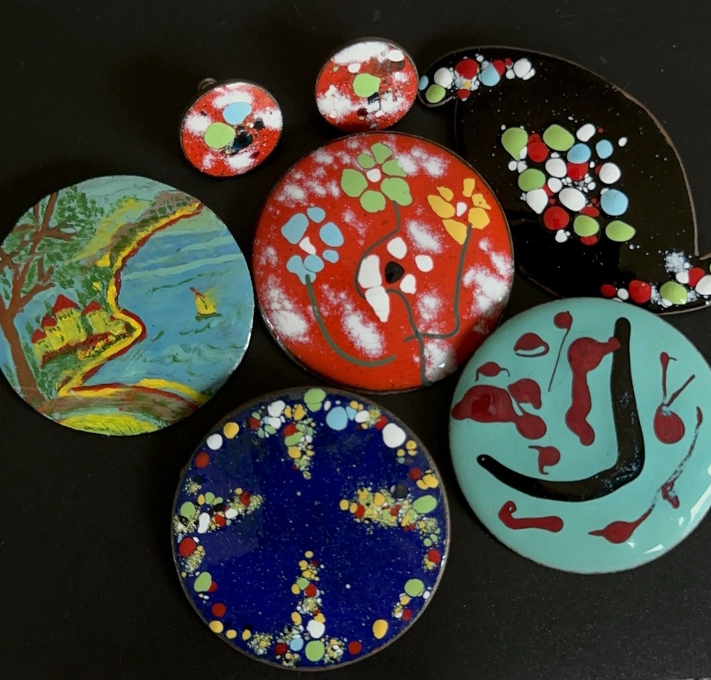 Lot 5 Enamel on Copper Brooch Pins & Earrings Set MCM Artisan Colorful Vintage!