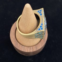 VTG Deco Celtic Motif Square Statement Ring Size 9.5 Gold Tone Blue Green Stones