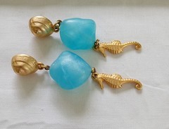 Vintage Gold Tone Seahorse Dangle Earrings Blue Sea Glass Bead Summer Jewelry