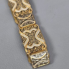 Antique Gold -Tone & Black Damascene Spain Brooch & Bracelet Floral Motif Ornate