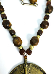 Vintage Brass Pendant Necklace Large Tribal Style Medallion Wood Metal Beads 30″