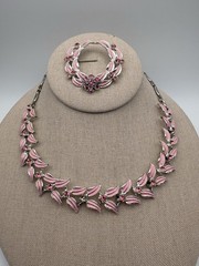 Vintage Pink Enamel Rhinestone Necklace And Pin Set- See Description