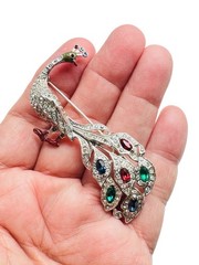 Vintage Art Deco Pave Rhinestone Peacock Brooch Rhodium Plated