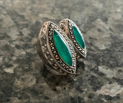 Marcasite Sterlling Silver Chunky Double Green Stone Ring, Size 8