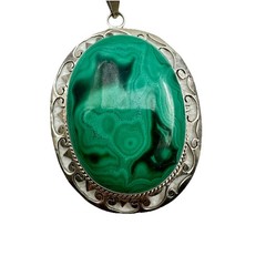 Sterling Silver & Malachite Statement Artisan Pendant Chain Necklace Handmade