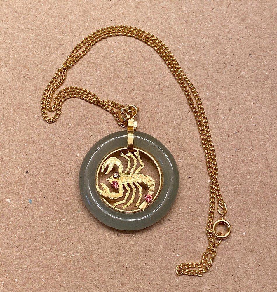 Vintage Chinese-Style 14K Gold Plated Scorpio Jade Circle Pendant Necklace