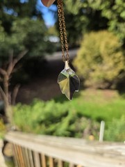 Vintage Cut Crystal Glass Leaf Pendant Necklace Gold Tone Chain