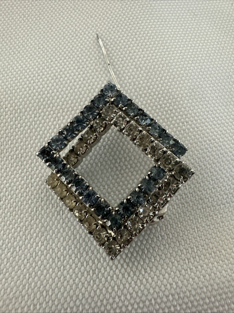 Vintage Blue Smoky Gray Rhinestone Brooch Open Square Silver Tone Pin