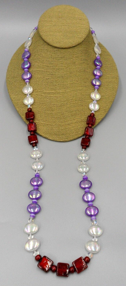 33″ Long Beaded Necklace Square Art Glass Oval Acrylic Beads Fancy Hook Clasp