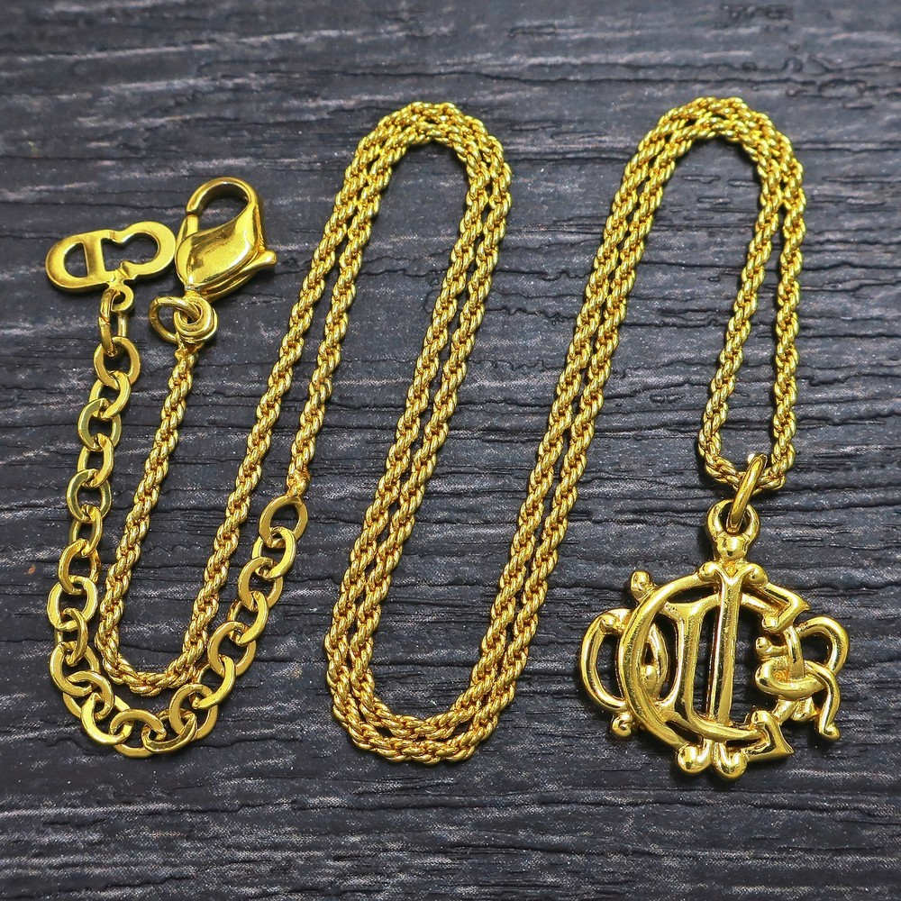 Christian Dior Gold Plated Logo Charm Chain Necklace Pendant #1327c Rise-on