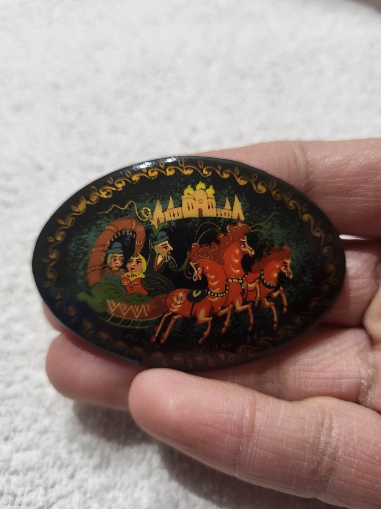 Vtg Russian Black Laquer Brooch Pin Fairy tale horse design