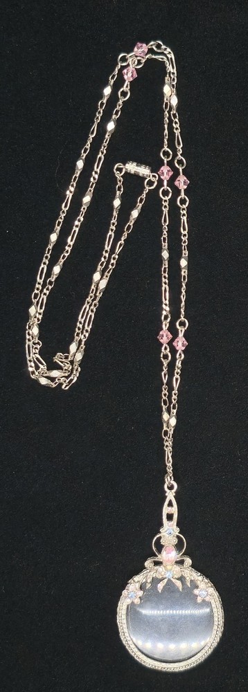 Vtg Pastel Pink Blue Rhinestone Magnifying Glass Jewelry Loupe Pendant Necklace
