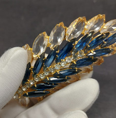 Juliana D&E DeLizza Elster Feather Leaf Brooch Blue Navette Clear Rhinestones 4′