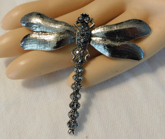 Dragonfly Black Crystal Rhinestone Brooch Vintage Pin Signed JHS