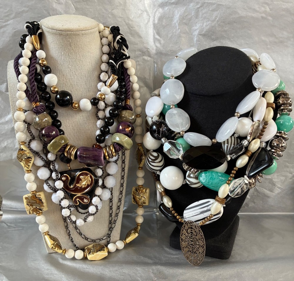Lot of 10 Vintage Chunky Beaded Statement Necklaces Boho Chic Acrylic Resin Wood
