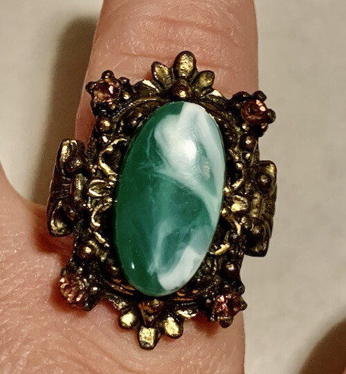Antique Statement Cocktail Ring Faux Malachite Parks Bros & Rogers C. 1915-31