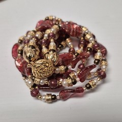 Vtg Estate Gold Foil Cranberry Leaf Pearl Glass Beaded Collar Necklace 3 Strand