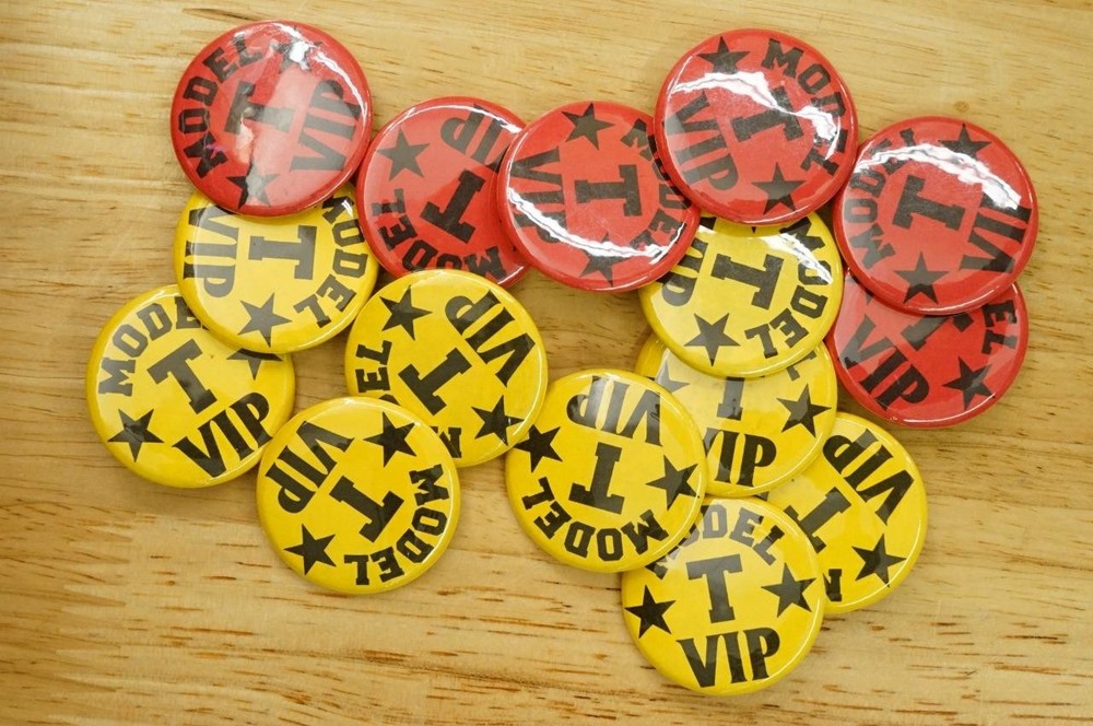 Vintage Advertising Lot Pinback Buttons Model T Car Show VIP Red & Yellow