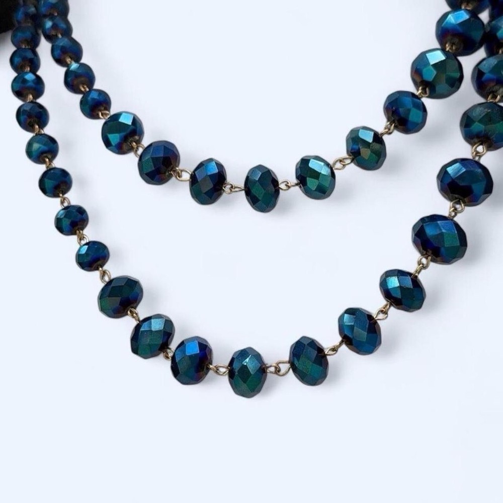 Stunning Vintage-Style Iridescent Peacock Blue Faceted Glass Rope Necklace