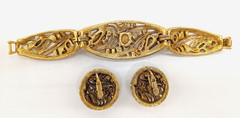 Vtg 50s La Roco Goldtone Filigree Multi-Color Rhinestone Bracelet & Earrings Set