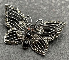 VTG Sterling Silver “IL” Maker Butterfly Brooch Marcasite Black Onyx Deco Style