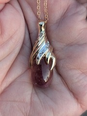 Vintage 14 k YG Large Pink Tourmaline Pendant With Diamonds