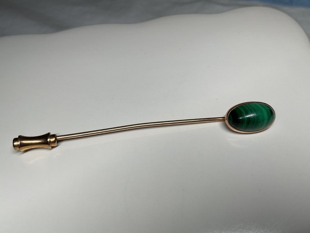 Vintage carved Malachite 10kt Hat stick pin beautiful green color
