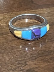 Vintage Southwest Style Sterling Silver Multi Stone Inlay Band Ring Size 7 3.76g