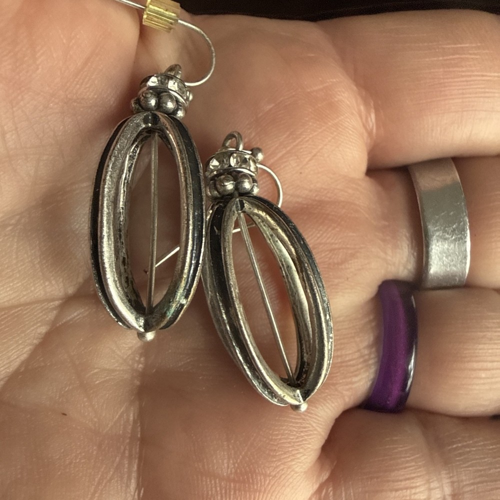 Vintage Sterling Silver Openwork Cage Lantern Dangle Earrings Rhinestone Accent