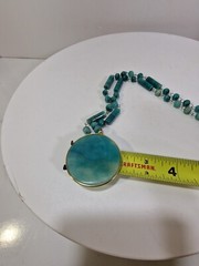 Vintage Polished Blue Stone Pendant Beaded Necklace 26″ in, Carved Sun, *111t