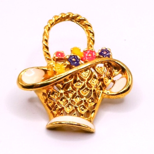 Flower Basket Brooch Pin Enamel Rinestone Gold Toned Vintage Retro 1.5 Inches