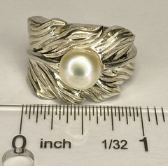 Vintage Large Sterling Silver 925 Leaf 9mm Cultured Pearl Statement Ring SZ 7.5