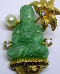 Vintage Buddha Faux Jade Glass and Rhinestone Pin