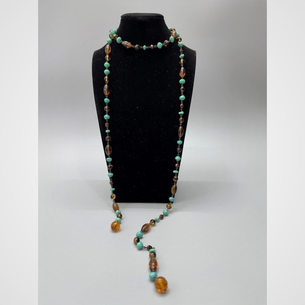 Vintage Art Deco Lariat Necklace 47″ Flapper Extra Long Glass Beads Crystals