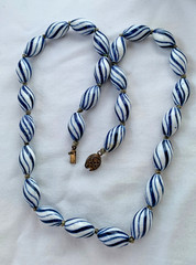 VTG Chinese Porcelain Blue White Stripes Oval Bead Necklace Hand-Knotted Silk