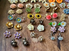 Huge Vintage Flower Earring Pairs Lot Enamel Rhinestone Coro Avon W Germany Etc.